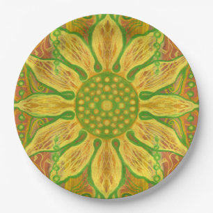 Assiettes En Carton Fleur de soleil art floral bohème jaune vert orang