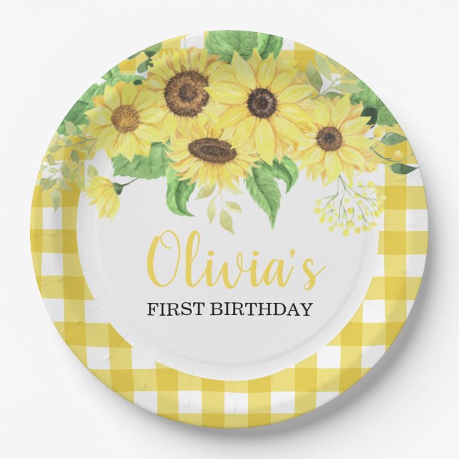 Assiettes En Carton Fleur de tournesol et Plaid été premier anniversai (Devant)
