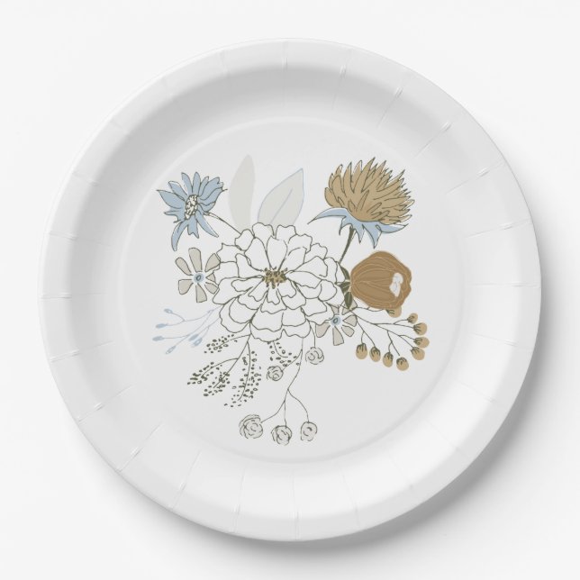 Assiettes En Carton Fleur d'été bleu clair gris tan (Devant)