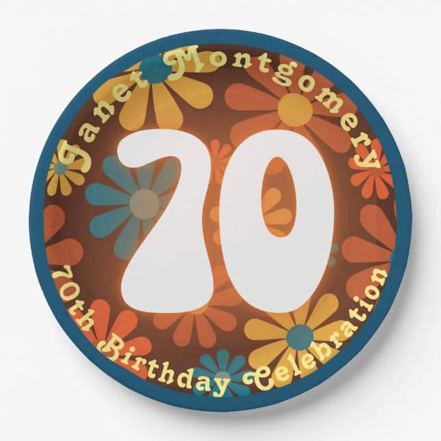Assiettes En Carton Fleur d'Hippie rétro Puissance 70e anniversaire (Devant)