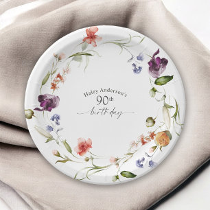 Assiettes En Carton Fleur féminine fleur sauvage 90e fête d'anniversai