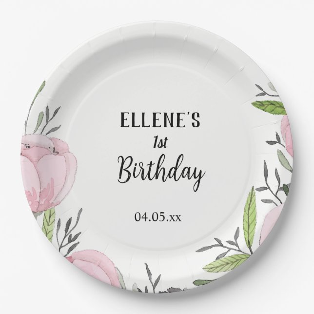 Assiettes En Carton Fleur Fille 1er Anniversaire Plaques Papier Fête (Devant)