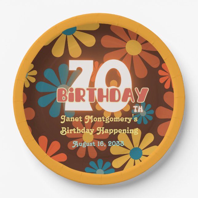 Assiettes En Carton Fleur hippie rétro 70e anniversaire (Devant)