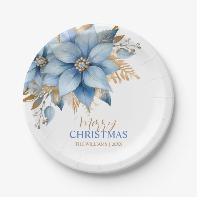 Assiettes En Carton Fleur Icy Blue Gold Poinsettia Noël (Devant)