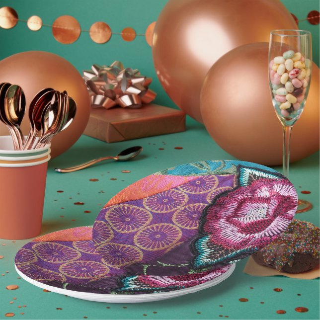 Assiettes En Carton Fleur rose brodée look boho violet (Multi)