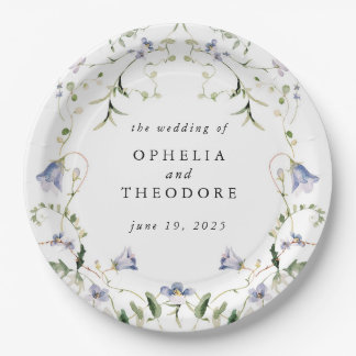 Assiettes En Carton Fleur sauvage bleu aquarelle Mariage Monogramme
