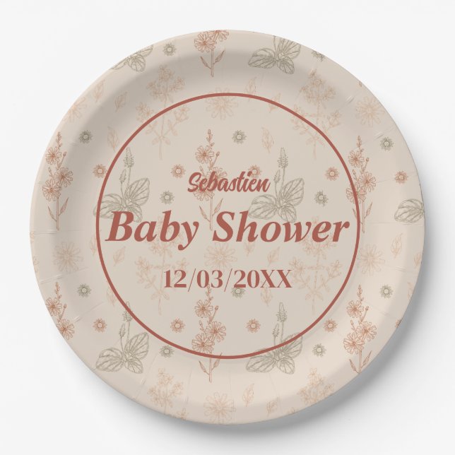 Assiettes En Carton Fleur sauvage Boho Baby shower plaque de papier Fl (Devant)