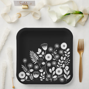 Assiettes En Carton Fleur sauvage Boho noir et blanc