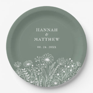 Assiettes En Carton Fleur sauvage Boho Sage Green Mariage