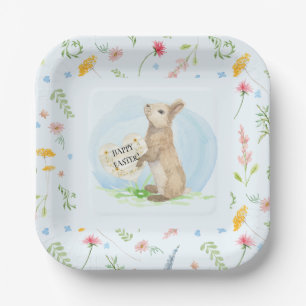 Assiettes En Carton Fleur sauvage Floral Rabbit Easter Blue Watercolor