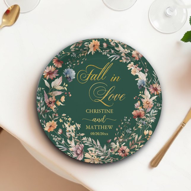 Assiettes En Carton Fleur sauvage Gold 'Fall in Love' Mariage élégant (Créateur téléchargé)