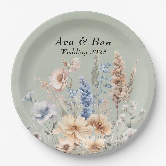 Assiettes En Carton Fleur sauvage Mariage Sage Green Dusty (Devant)