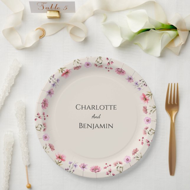 Assiettes En Carton Fleur sauvage moderne Mariage beige (Mariage)