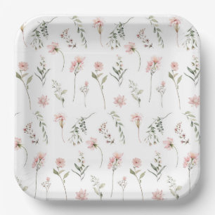 Assiettes En Carton Fleur sauvage rose et sauge vert aquarelle