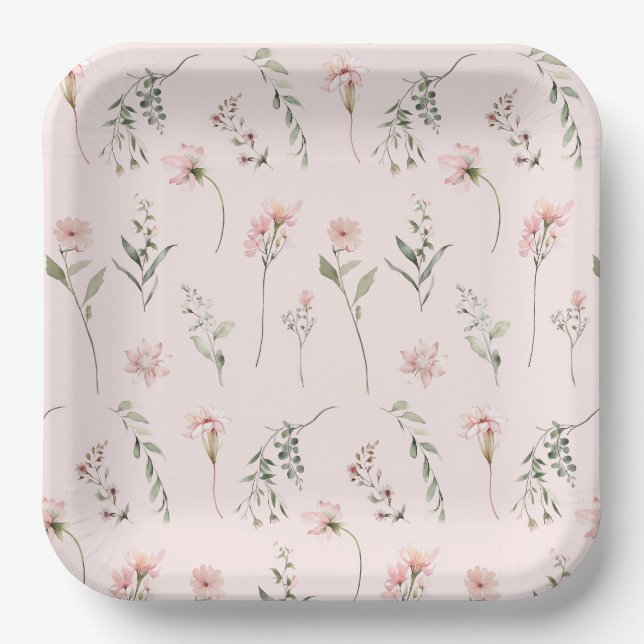 Assiettes En Carton Fleur sauvage rose sauge vert verdure fête (Recto)