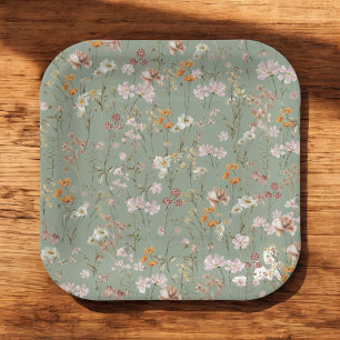 Assiettes En Carton Fleur sauvage Sage Green Baby shower Boho En Fleur