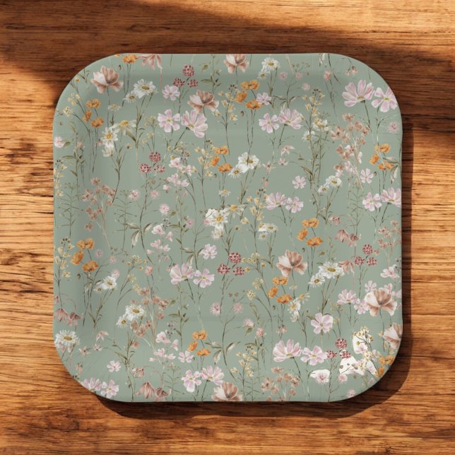 Assiettes En Carton Fleur sauvage Sage Green Baby shower Boho En Fleur (Créateur téléchargé)