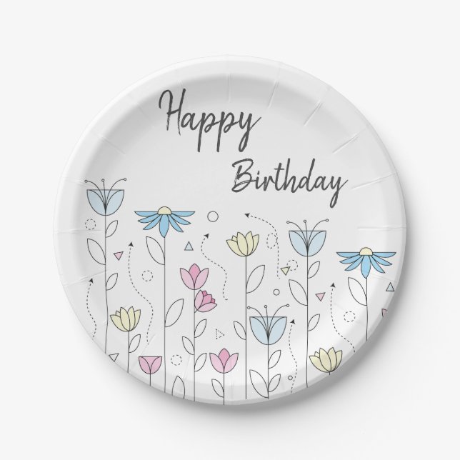 Assiettes En Carton Fleur simple avec un joyeux anniversaire (Devant)