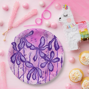 Assiettes En Carton Fleurs Abstraites encrées violet rose