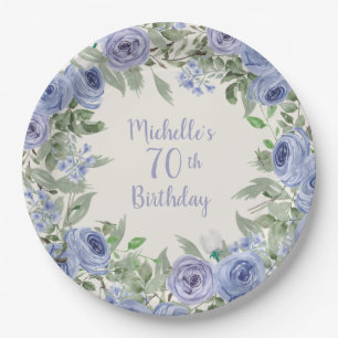 Assiettes En Carton Fleurs Aquarelle Bleu Poussiéreux 70e Anniversaire