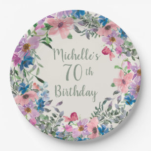 Assiettes En Carton Fleurs aquarelles rose violet bleu 70e anniversair