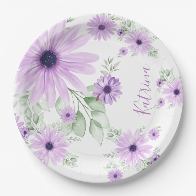 Assiettes En Carton Fleurs aquarelles violettes et vertes personnalisé (Devant)