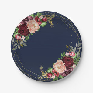 Assiettes En Carton Fleurs Audacieuses d'Automne Mariage Bleu Nuit Or