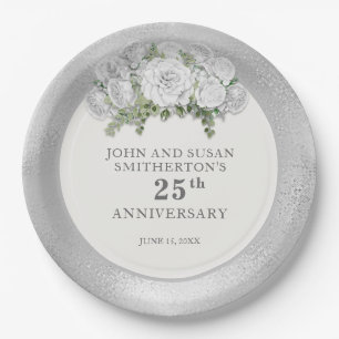 Assiettes En Carton Fleurs blanches argentées 25e anniversaire de mari
