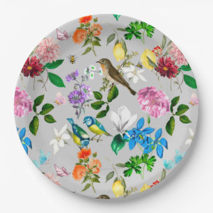 Assiettes En Carton Fleurs blanches, oiseaux, abeilles, citron, papill