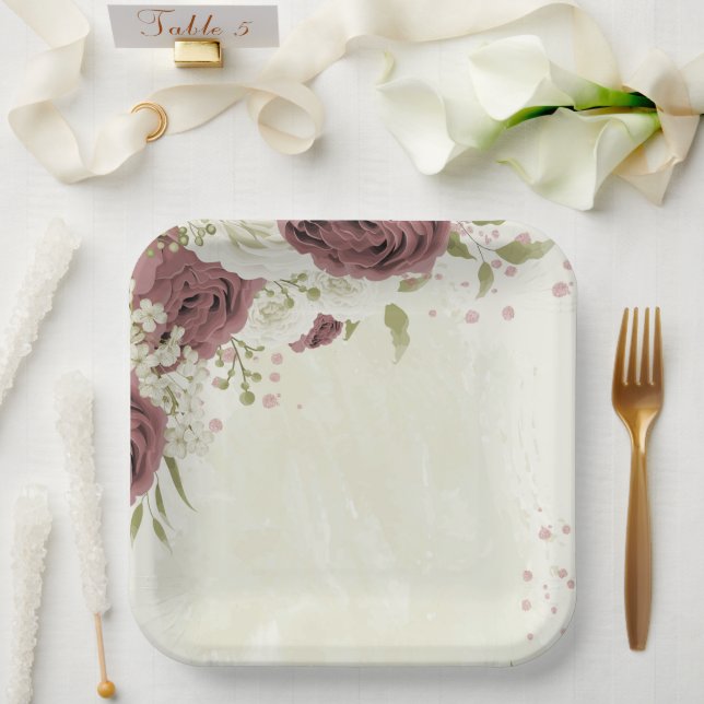 Assiettes En Carton fleurs blanches roses poussiéreuses (Mariage)