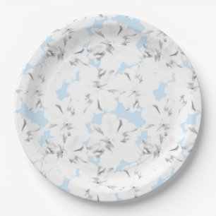 Assiettes En Carton Fleurs blanches sur bleu clair.