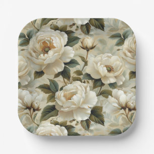 Assiettes En Carton Fleurs blanches sur un arrière - plan crème.