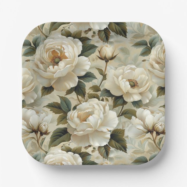 Assiettes En Carton Fleurs blanches sur un arrière - plan crème. (Recto)