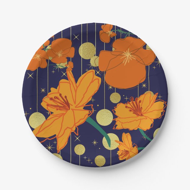 ASSIETTES EN CARTON FLEURS BLEU FONCÉ ET ORANGE (Devant)
