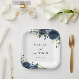 Assiettes En Carton Fleurs bleues de la Marine, Verdure, Boho, Mariage