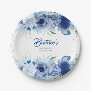 Assiettes En Carton Fleurs bleues et Baby shower Confetti en argent