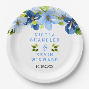 Assiettes En Carton Fleurs bleues et bleues marine avec feuillage