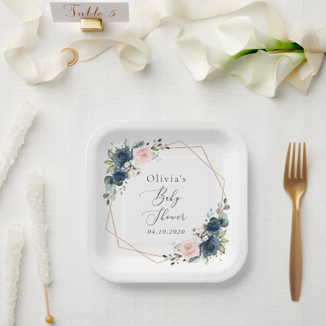 Assiettes En Carton Fleurs Bleues Marine, Fleurs Roses, Baby shower (Mariage)