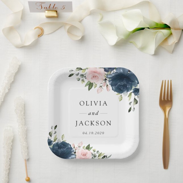 Assiettes En Carton Fleurs Bleues Marine, Fleurs Roses, Mariage Floral (Mariage)