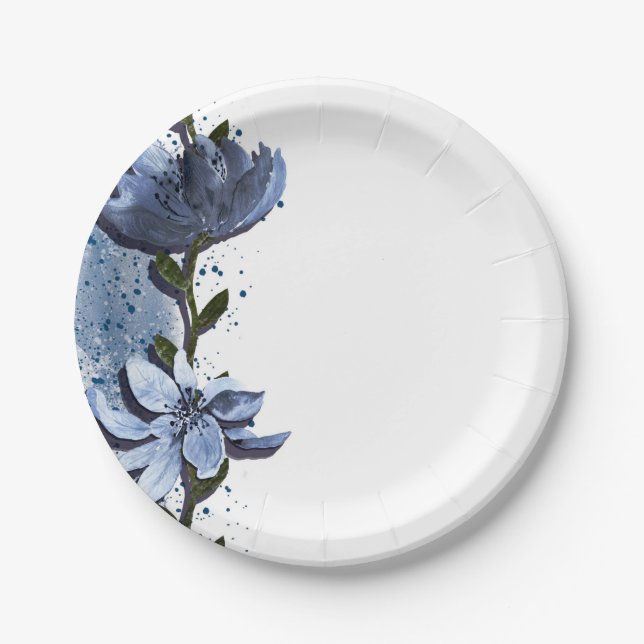 Assiettes En Carton Fleurs bleues modernes Mariage d'aquarelle fleurie (Devant)