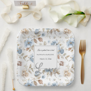 Assiettes En Carton Fleurs bleues romantiques Feuilles brunes Amour Ma