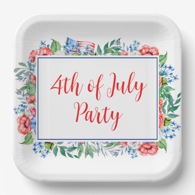 Assiettes En Carton Fleurs Bleues Rouge 4 juillet Parti Patriotique (Recto)