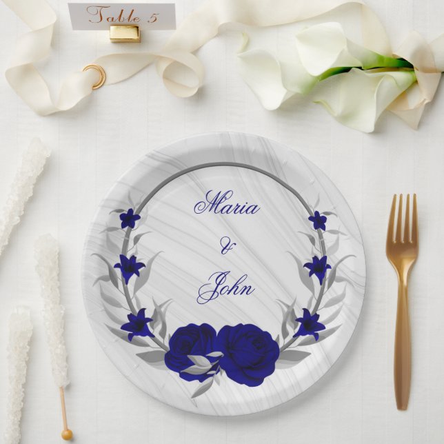 Assiettes En Carton fleurs bleues royales argent feuilles couronne mar (Mariage)