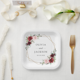 Assiettes En Carton Fleurs Bourgogne, Fleurs roses, Verdure, Mariage