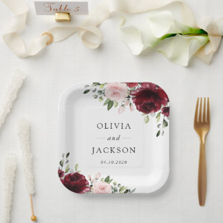 Assiettes En Carton Fleurs Bourgogne, Fleurs roses, Verdure, Mariage