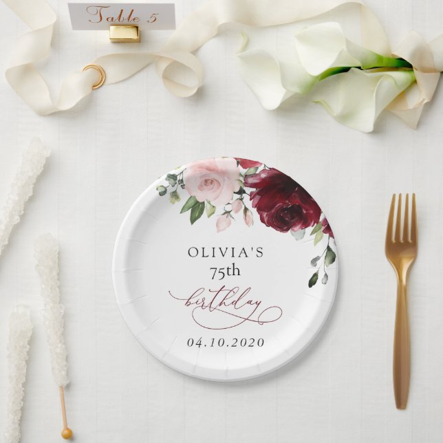 Assiettes En Carton Fleurs Bourgognes, Fleurs Roses, Boho, Anniversair (Mariage)