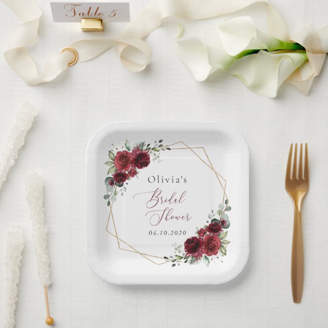 Assiettes En Carton Fleurs Bourgognes, Fleurs Rouges, Fête des mariées (Mariage)