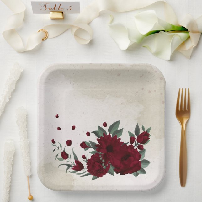 Assiettes En Carton Fleurs bourguignonnes verdure (Mariage)