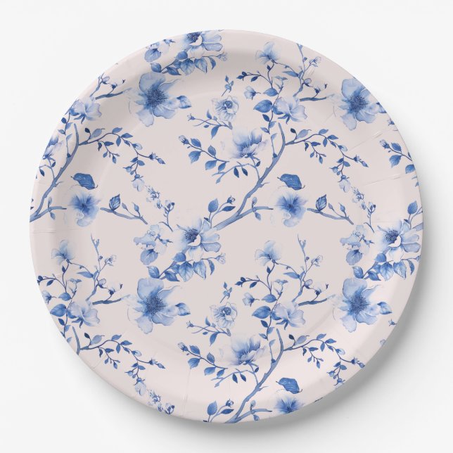 Assiettes En Carton Fleurs chinoiserie bleu et rose (Devant)