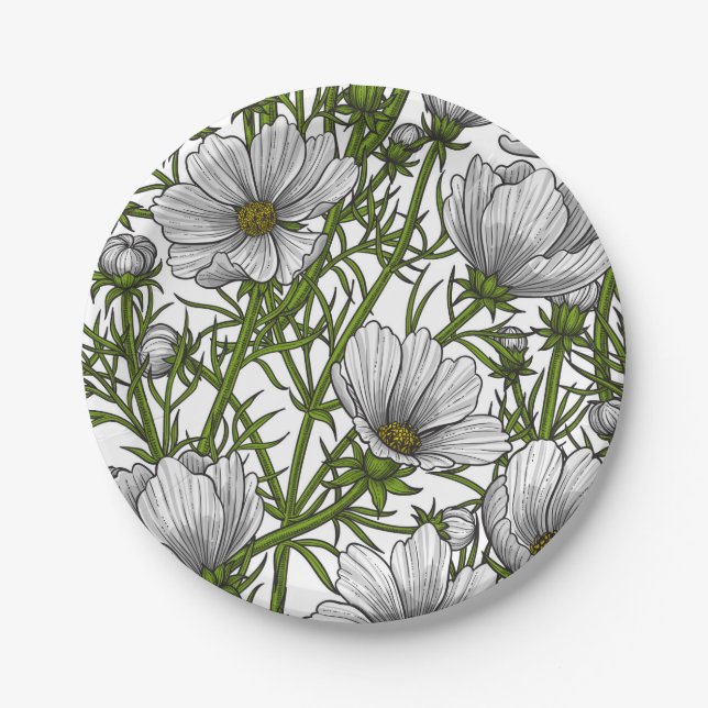 Assiettes En Carton Fleurs cosmos blanches (Devant)